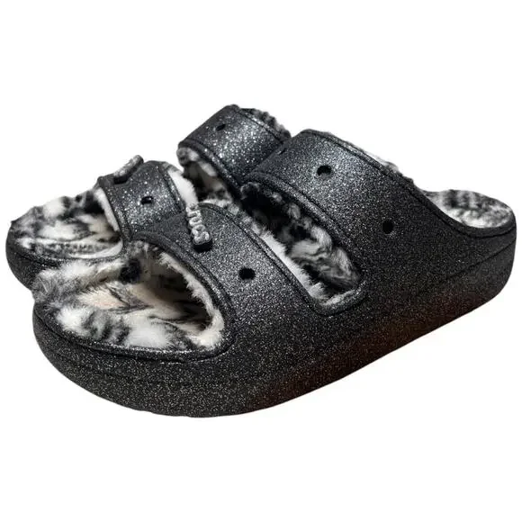 CROCS Classic Cozzzy Disco Glitter Sandal Men 13 Comfort Zebra Fur Lining 208074 - Picture 1 of 15